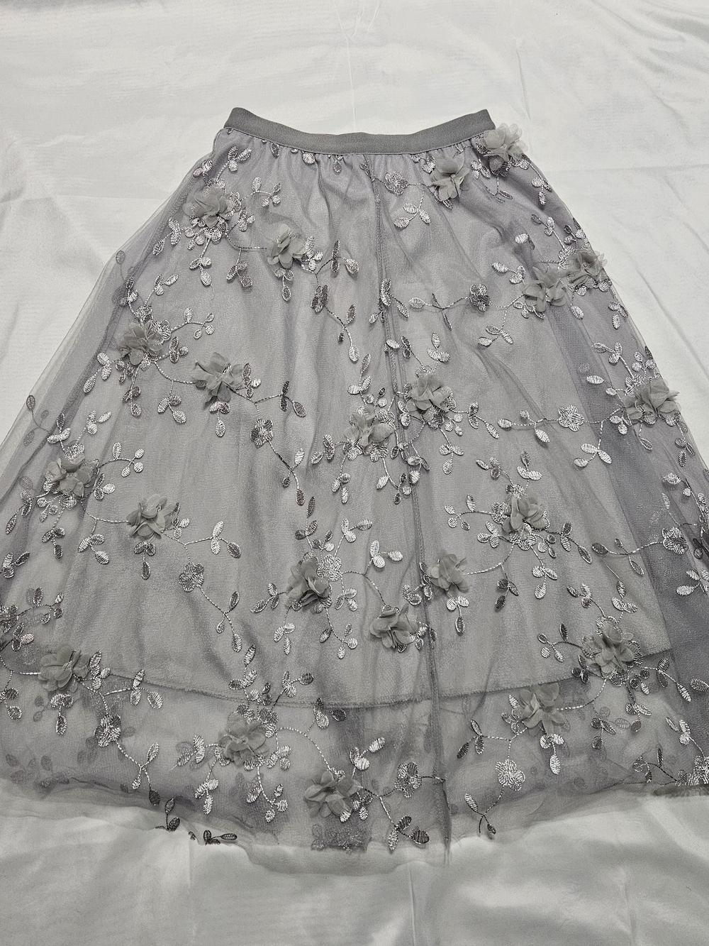 Chicwish Gray Floral Embroidered Tulle Skirt Flower Mesh Sizd M